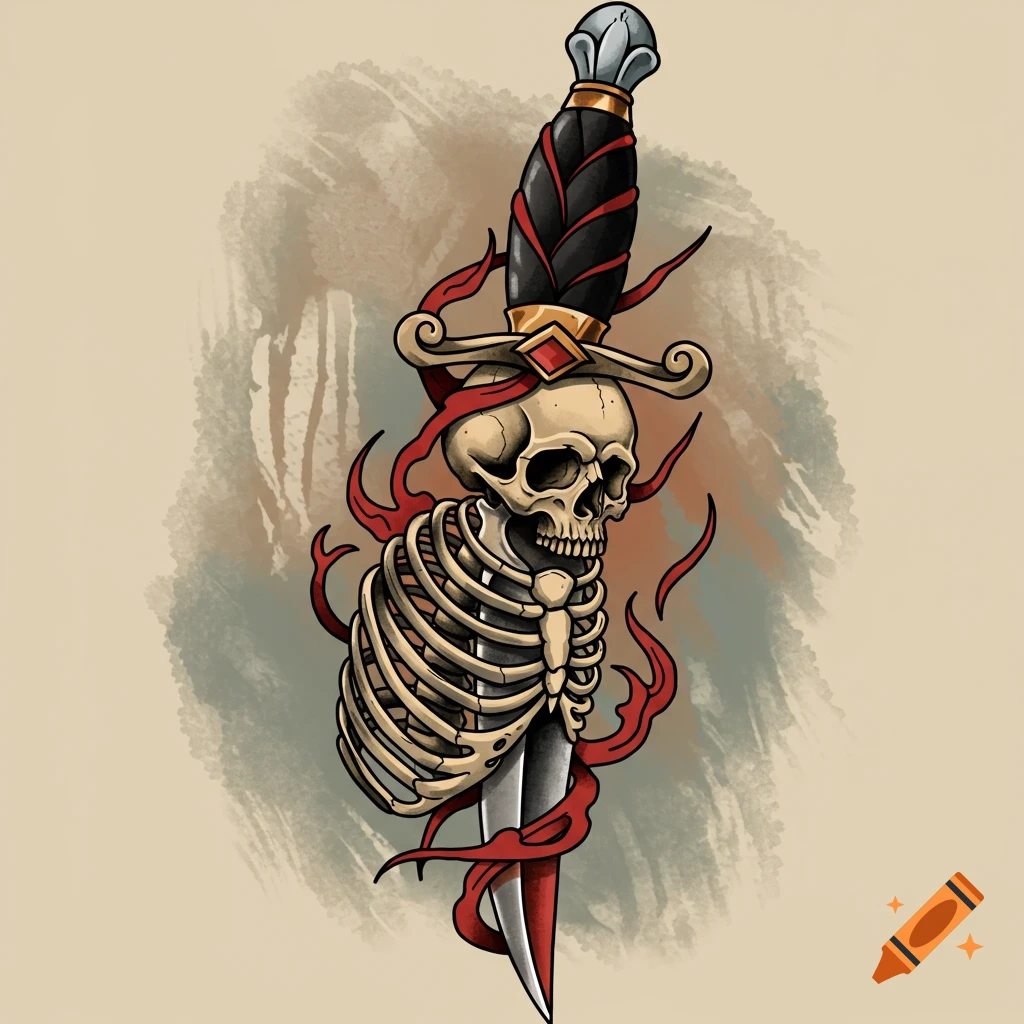 American traditional tattoo style illustration of a dagger with a skeleton torso as the handle.