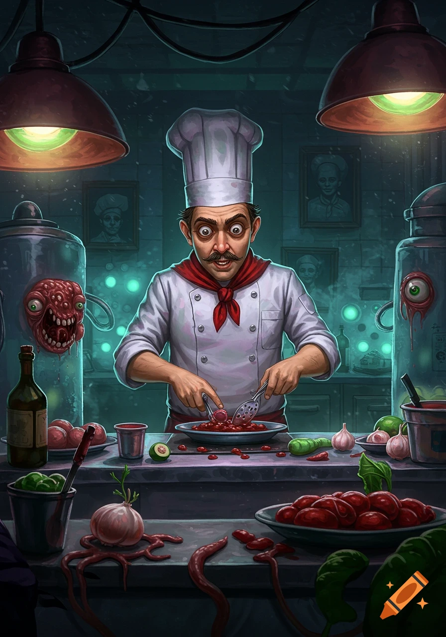A wide-eyed, cartoonish chef in a white uniform chops red meat-like ingredients in a creepy kitchen with monster elements, under green-glowing lamps.