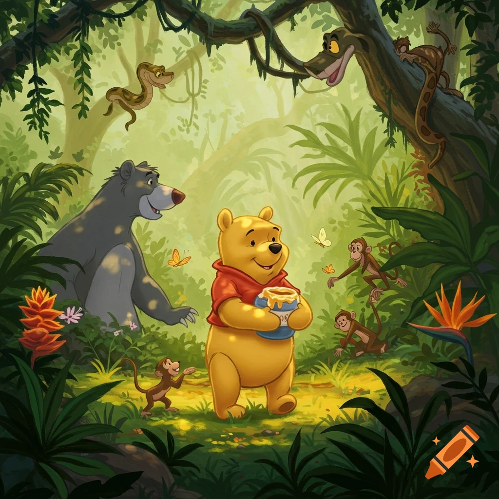 Winnie the Pooh holds a honey pot in a vibrant jungle with Baloo, Kaa, and playful monkeys. Illustrated in a cartoon style.