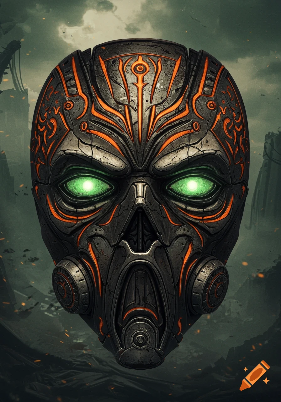 A dark gray and black futuristic mask with glowing green eyes and bright orange, tribal-like patterns against a desolate, stormy background.