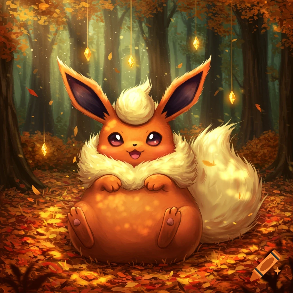 A cute, round-bellied Flareon sits among autumn leaves in a glowing forest with hanging crystals.