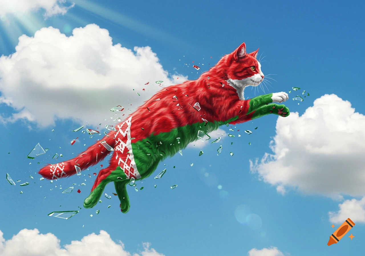 A red and green cat, painted like the Belarus flag, leaps through broken glass against a blue sky.