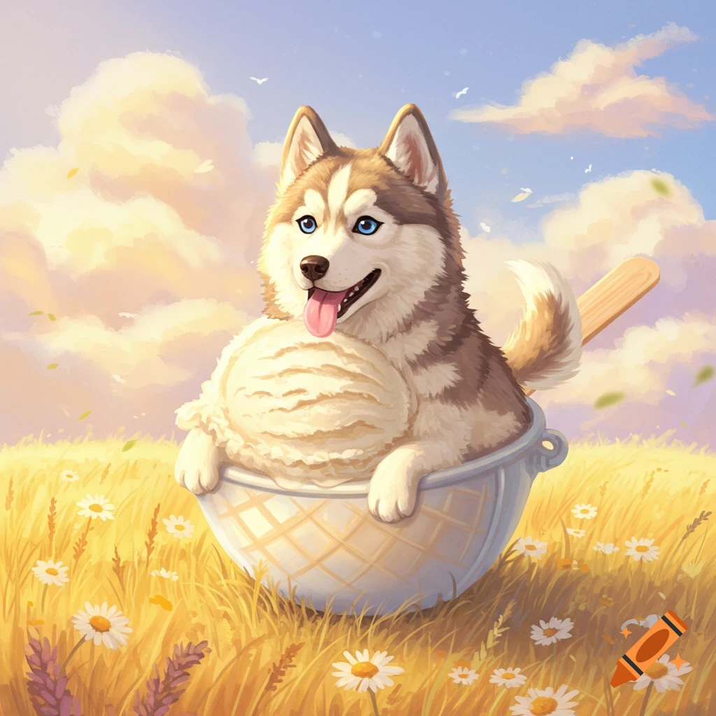 A cute cartoon husky puppy with blue eyes sits inside a large ice cream bowl with a scoop of vanilla ice cream in a sunny field of yellow grass and daisies.