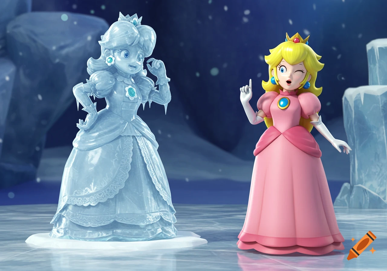 Princess Peach winks at a surprised ice statue of Princess Daisy in a snowy landscape.