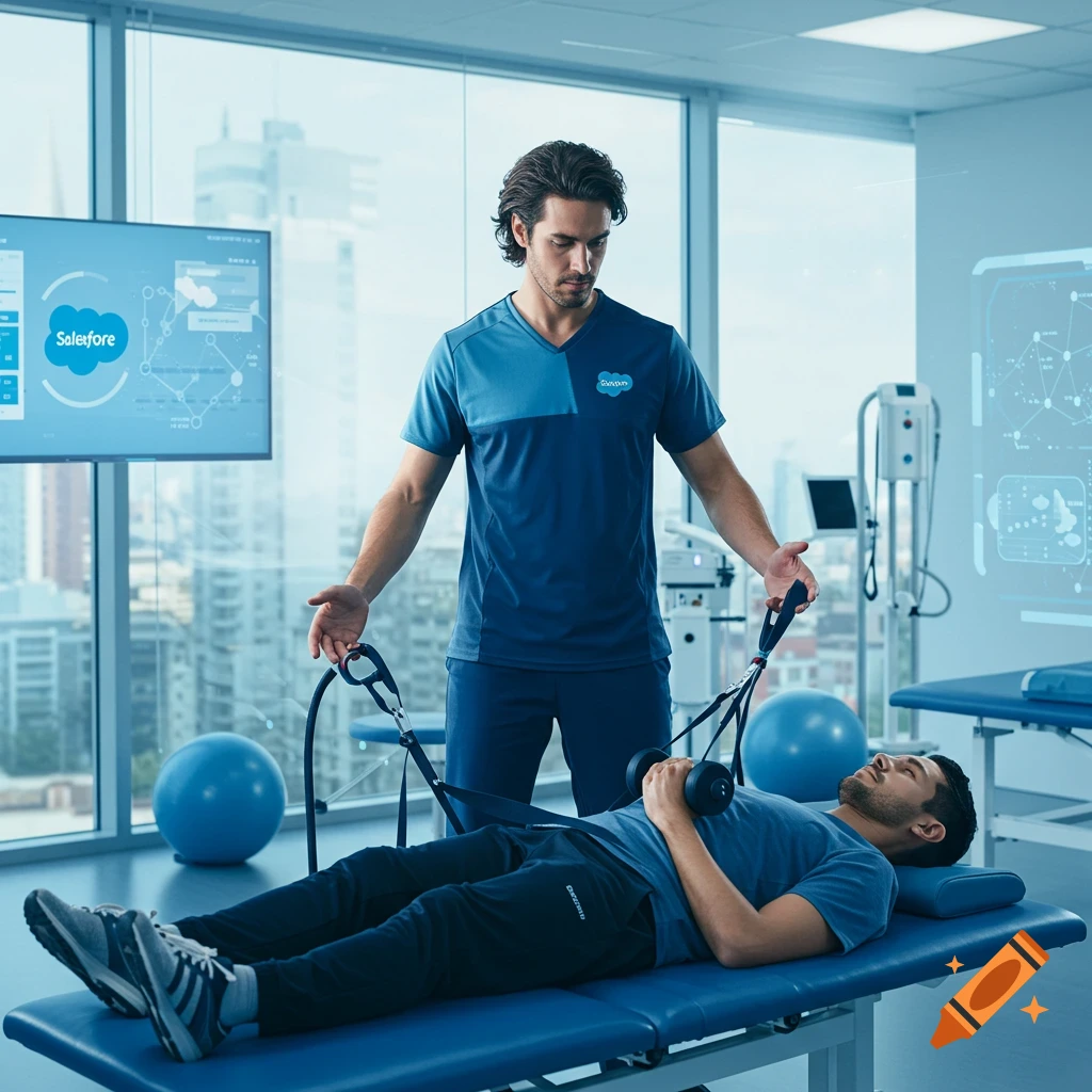 A physical therapist helps a male patient on an examination table in a modern clinic, with a large Salesforce screen in the background.