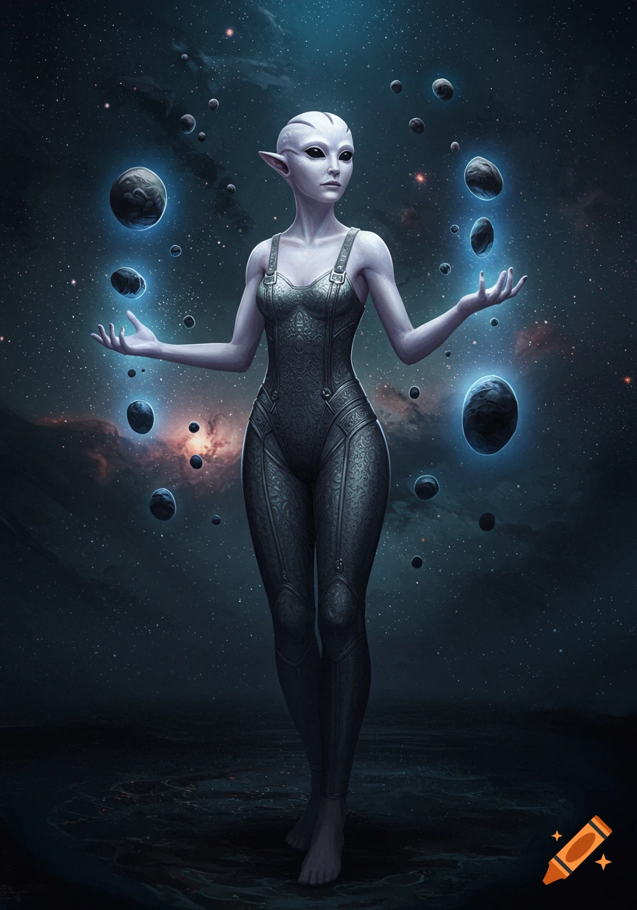 A humanoid female alien with pale skin and pointed ears, wearing a dark patterned jumpsuit, stands in space with small planets floating around her hands.