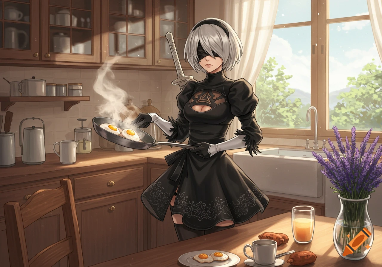 Anime illustration of 2B from Nier Automata making fried eggs in a sunlit kitchen.