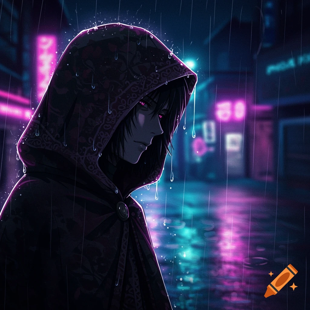 Anime character in a hooded cloak with glowing eyes stands in a rainy, neon-lit city street at night.
