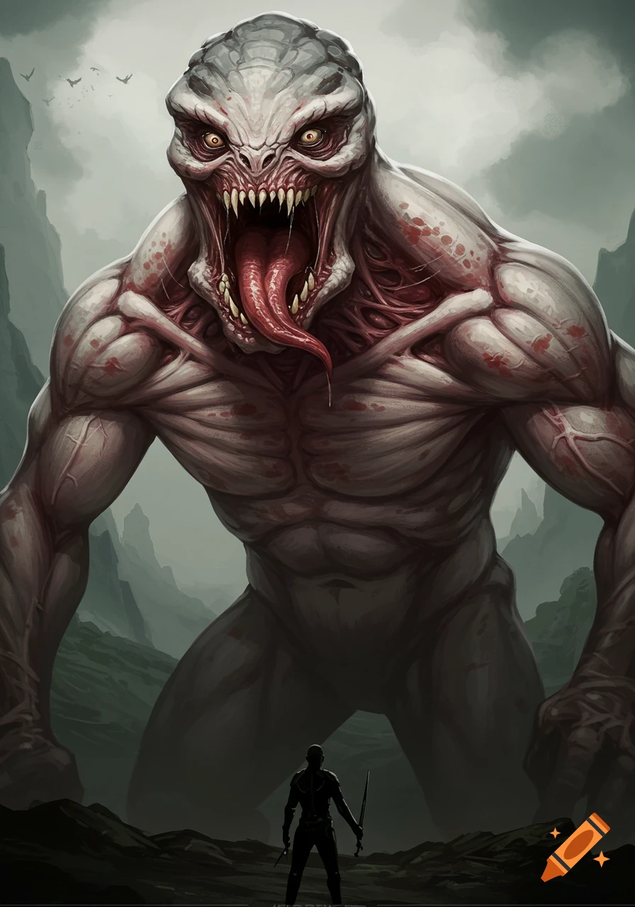 A massive, muscular, gray bipedal monster with a wide-open mouth, sharp teeth, and a long, split tongue roars at a tiny human figure in a desolate landscape.