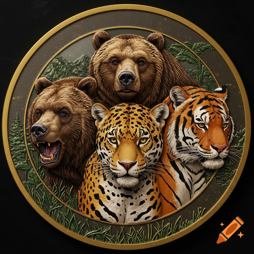 Embossed challenge coin featuring a grizzly bear, a jaguar, and a Bengal tiger in a circular design.