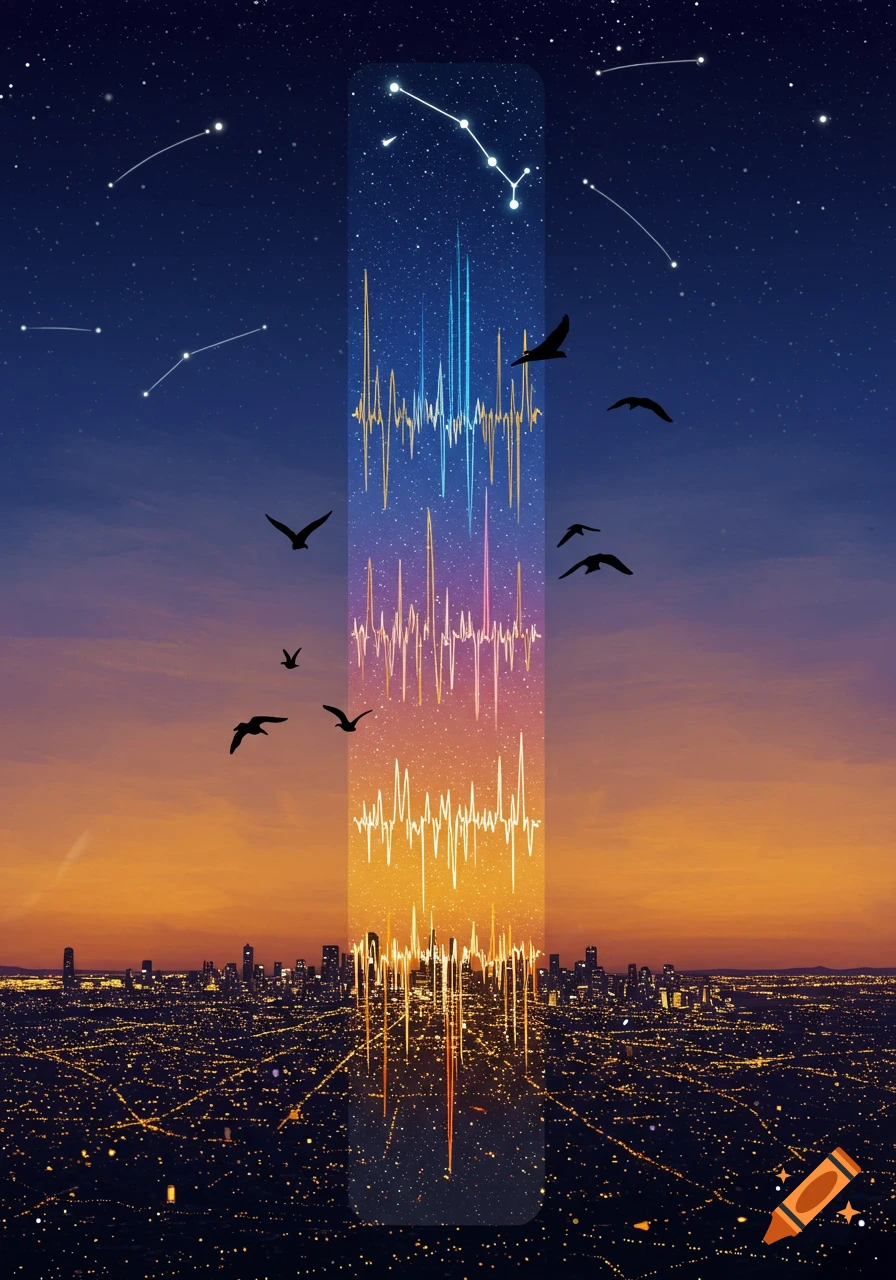A vertical panel with colorful pulse-like lines and stars, birds flying, and a city at night.