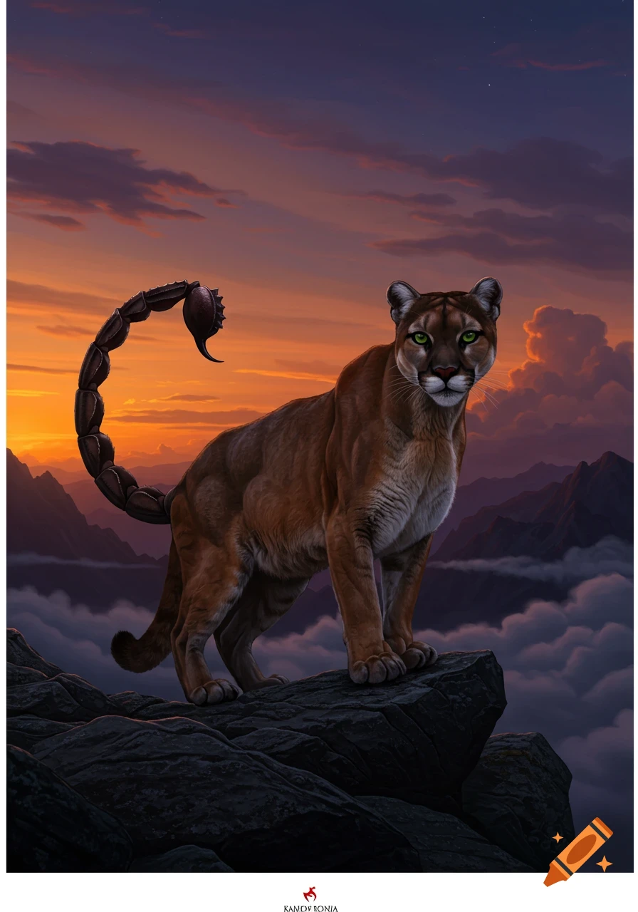 A creature with the body of a mountain lion and the tail of a scorpion stands on a rocky mountain peak at sunset.