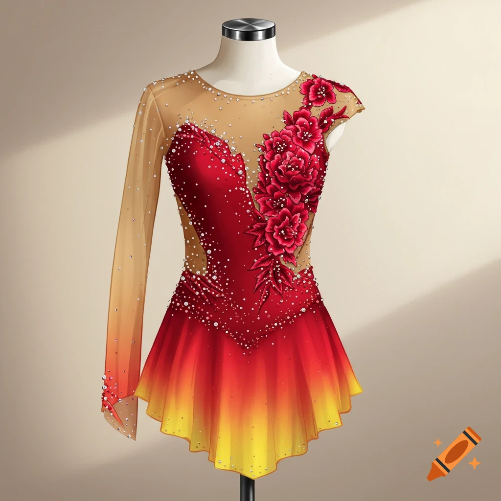 A vibrant red and yellow figure skating dress with floral embroidery and sequins, displayed on a mannequin.