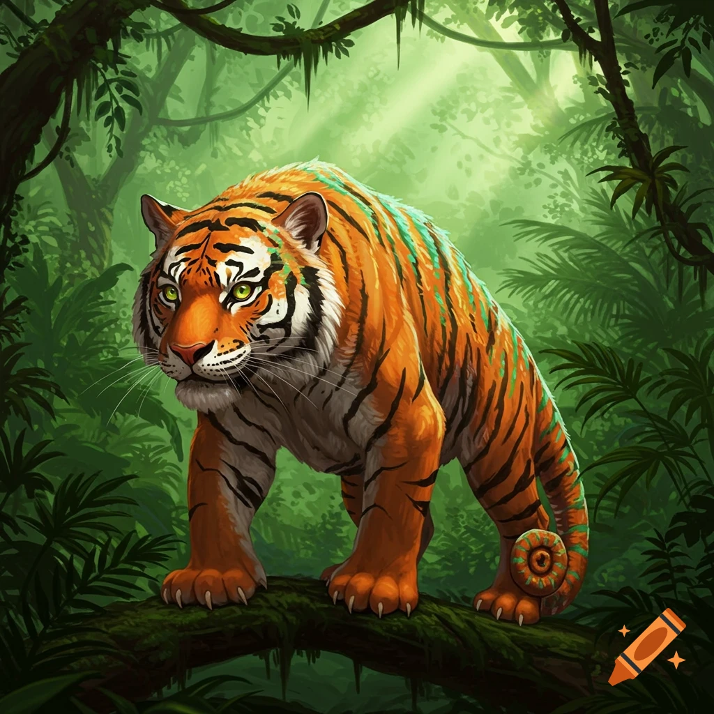 A fantasy crossbreed of a tiger and a chameleon with green and orange stripes, walking on a tree branch in a vibrant jungle.