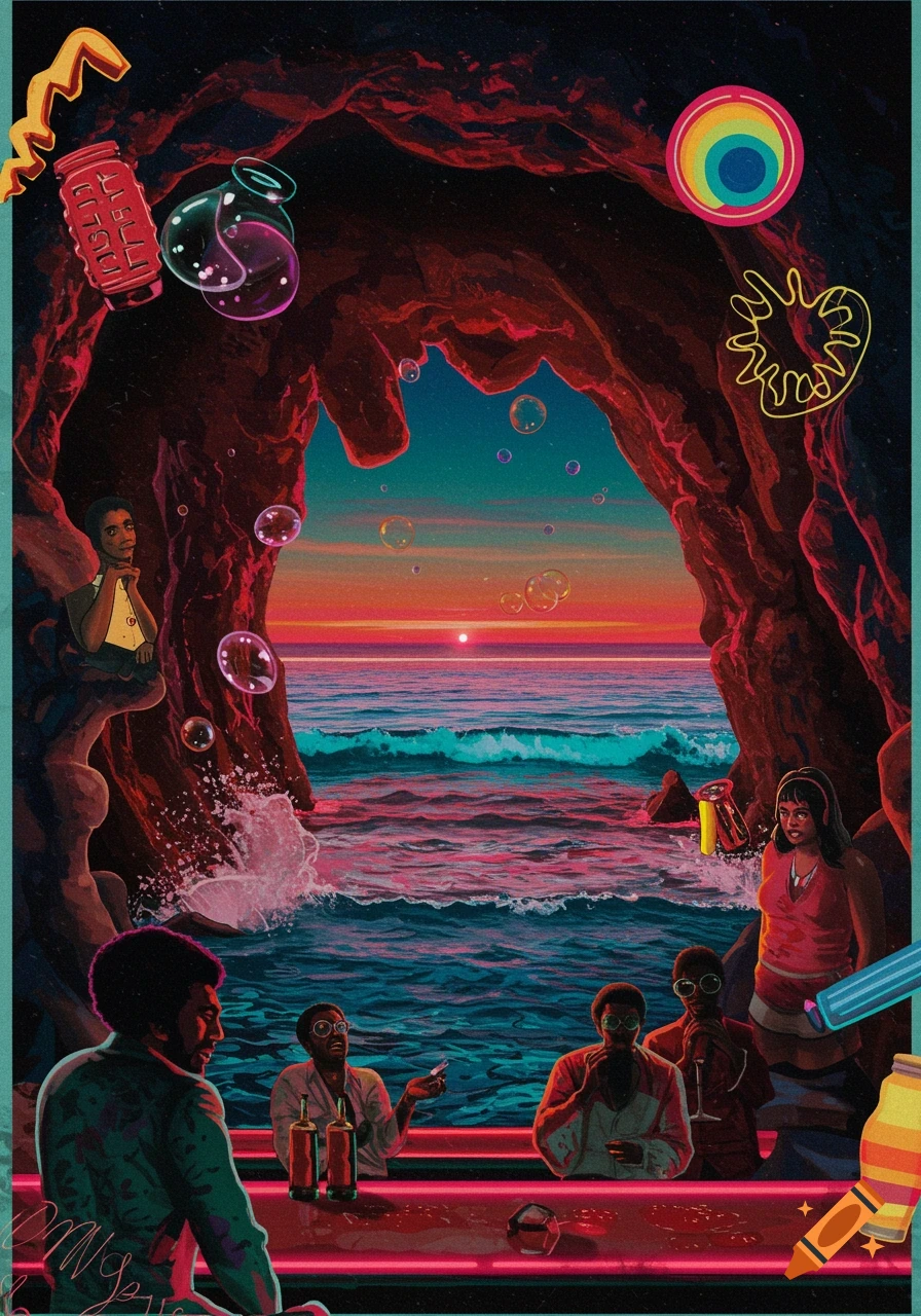 A stylized illustration of people in a vibrant, neon-lit cave bar overlooking a sunset ocean with floating bubbles.
