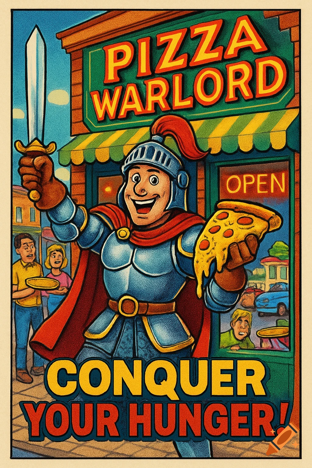A retro cartoon advertisement for "Pizza Warlord" featuring a knight holding a sword and pizza slice with text "Conquer Your Hunger!".