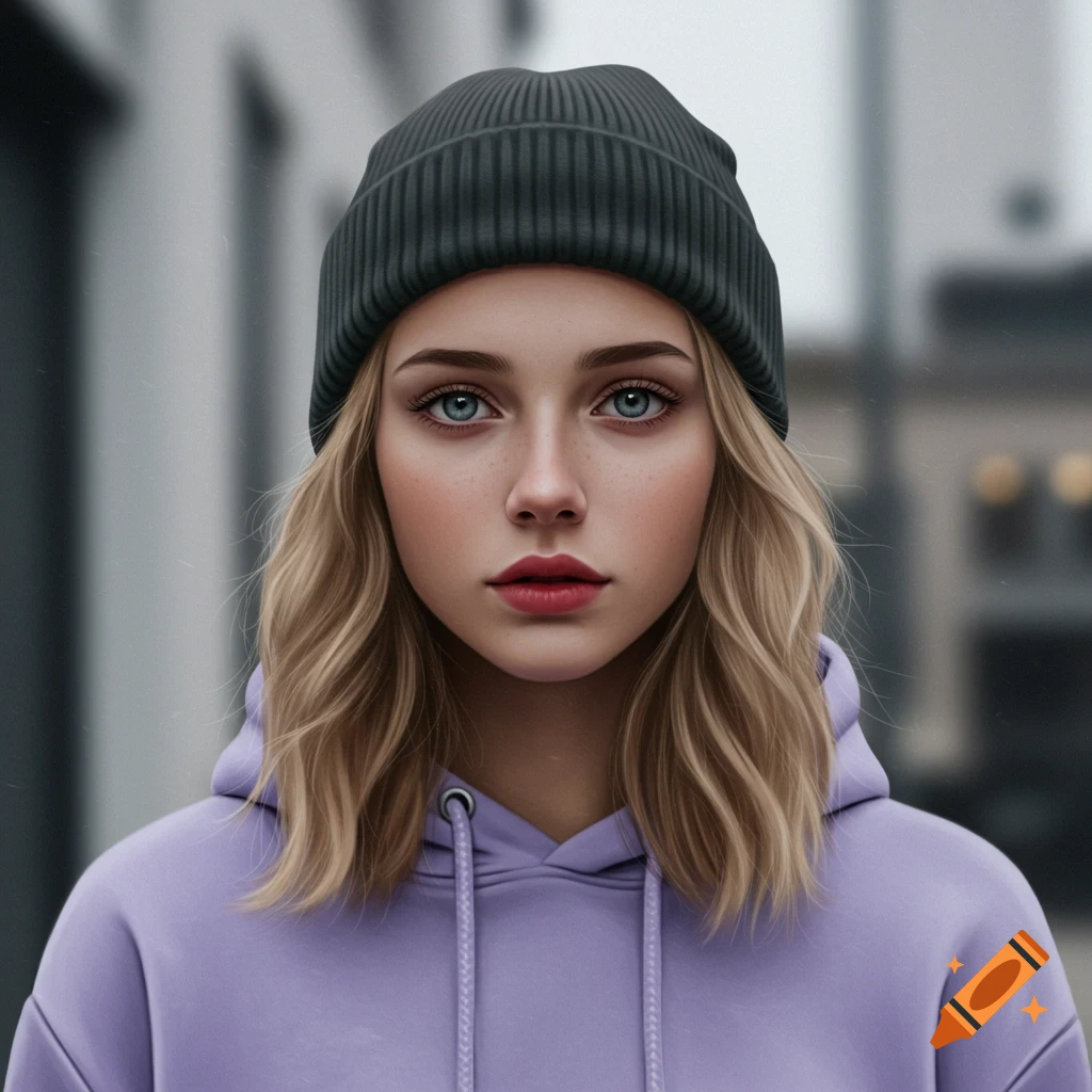 A young woman with blonde wavy hair and blue eyes wearing a dark grey beanie and a lilac hoodie, looking directly at the viewer.