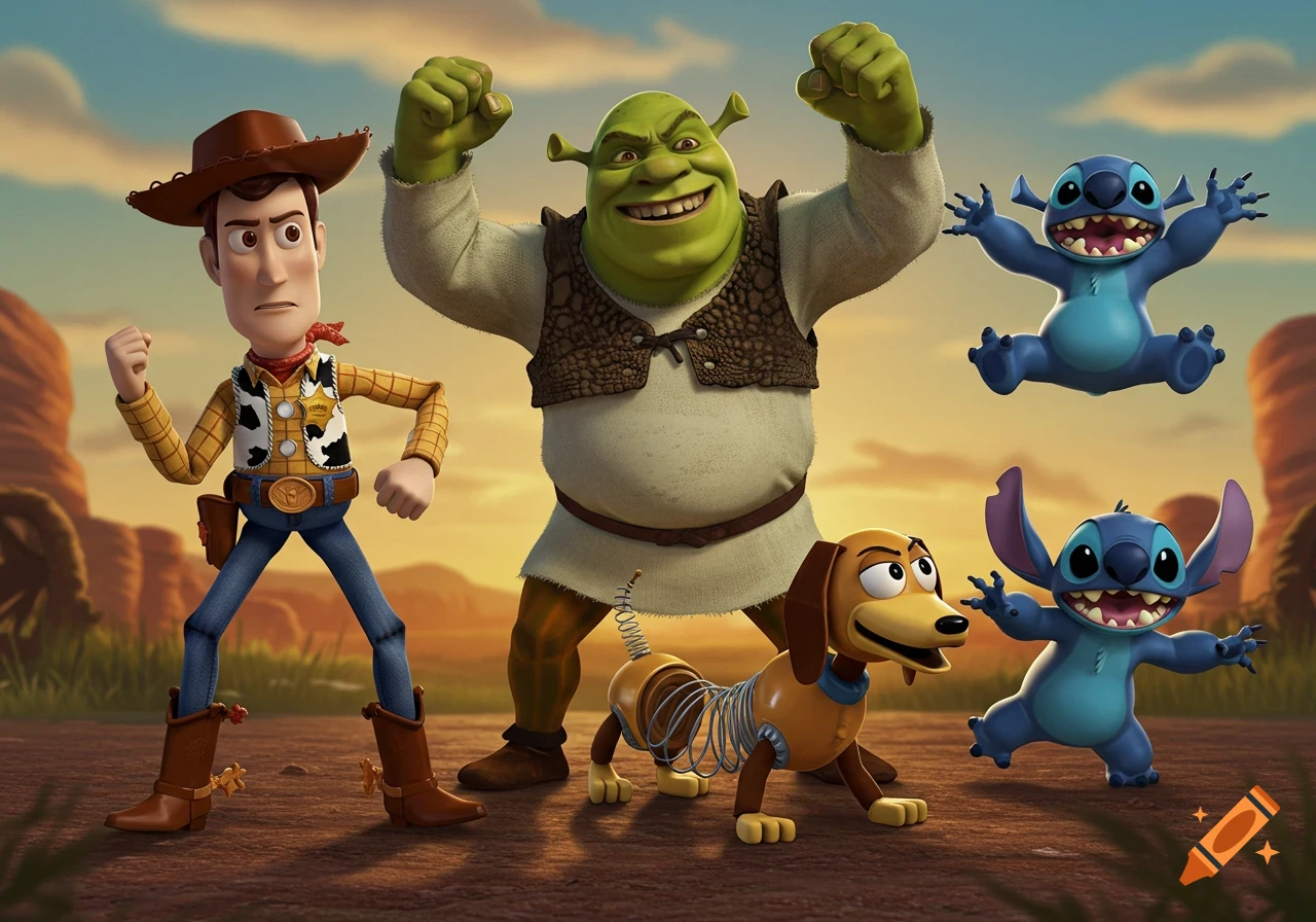 Woody, Shrek, Slinky Dog, and two Stitch characters pose together in a desert landscape during sunset.