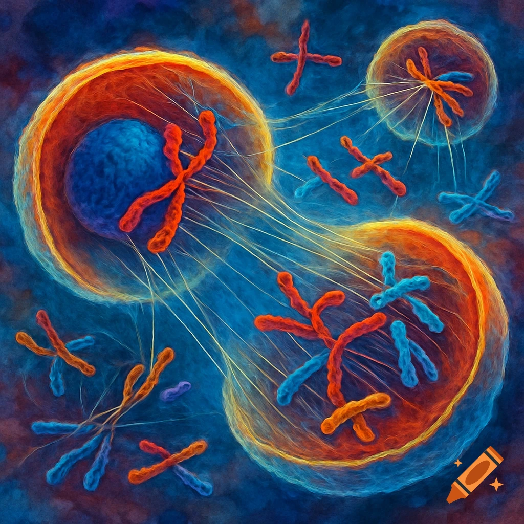 Colorful abstract illustration of cellular meiosis with blue and orange chromosomes separating within cell structures.