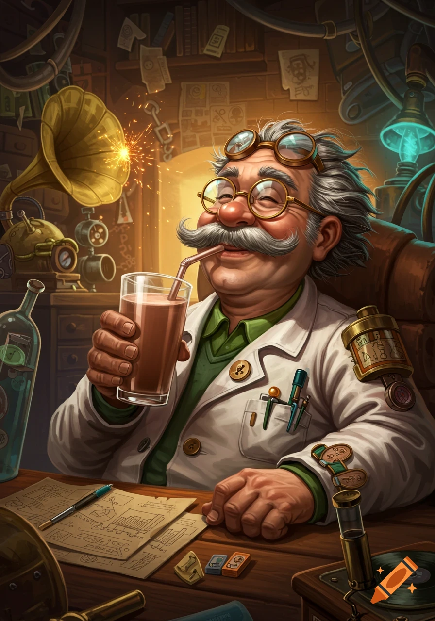 A whimsical, steampunk-style illustration of a happy, white-haired inventor with goggles on his head, drinking chocolate milk through a straw in his cluttered lab.