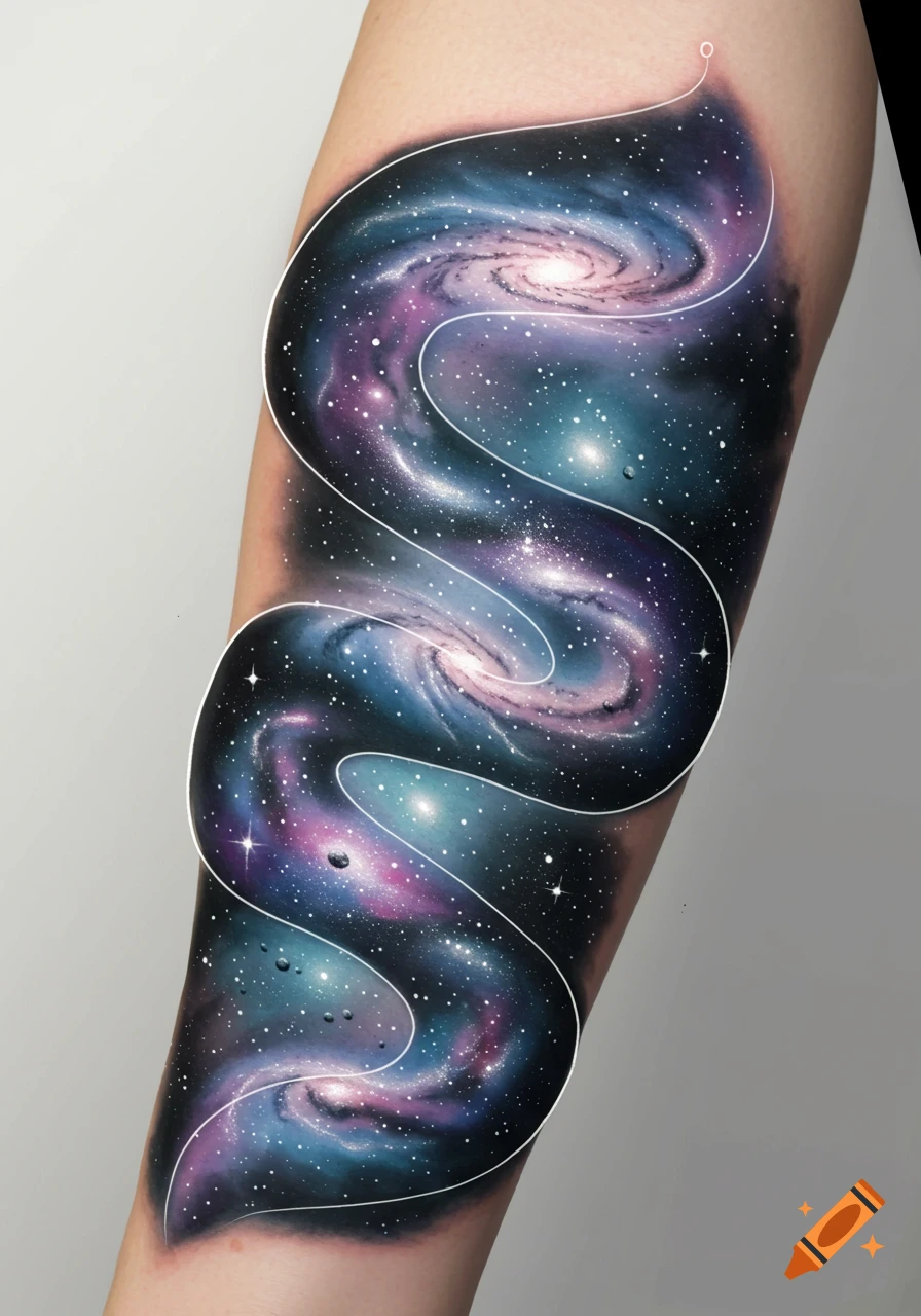 A vibrant galaxy-themed tattoo on an arm, featuring swirling blue, purple, and pink nebulas, bright stars, and distant planets with white lines representing space-time curves.