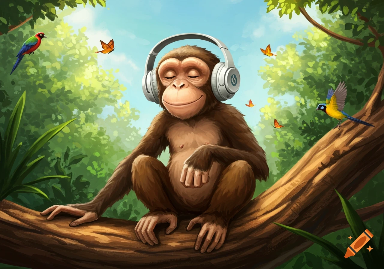 A cartoon monkey with white headphones sits on a tree branch, eyes closed in a jungle with colorful birds and butterflies.