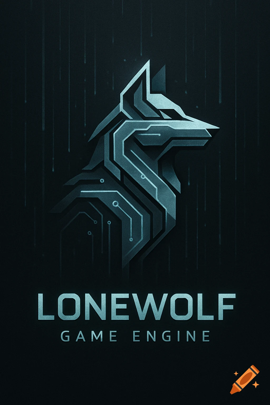A cyberpunk geometric wolf head logo with 'LONEWOLF GAME ENGINE' text in teal and blue-grey on a dark background.