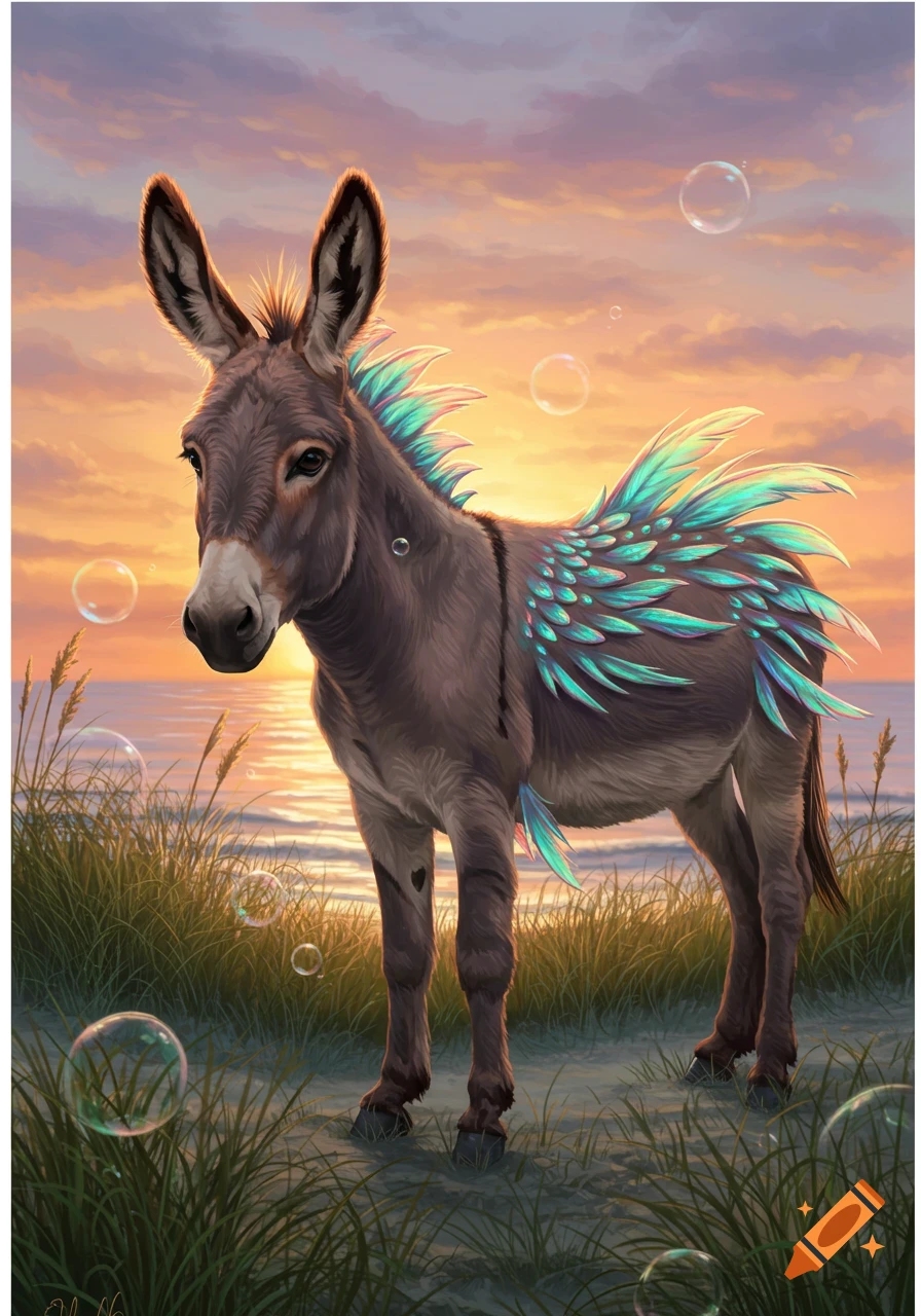 A fantasy donkey with teal feathers stands on a grassy beach at sunset, with the ocean and bubbles in the background.