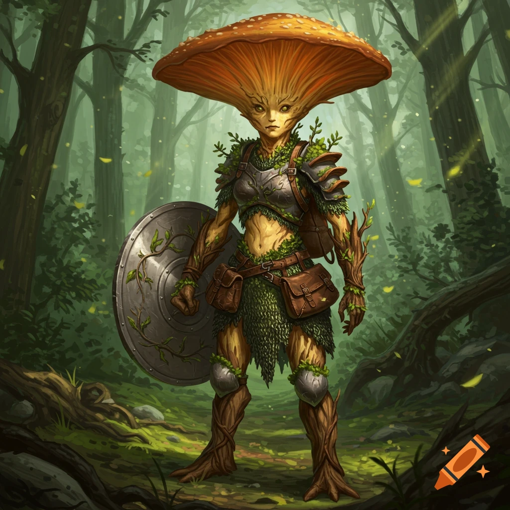 A female fungus leshy creature with a mushroom cap head, wearing chainmail and bark armor, holding a shield, standing in a forest.