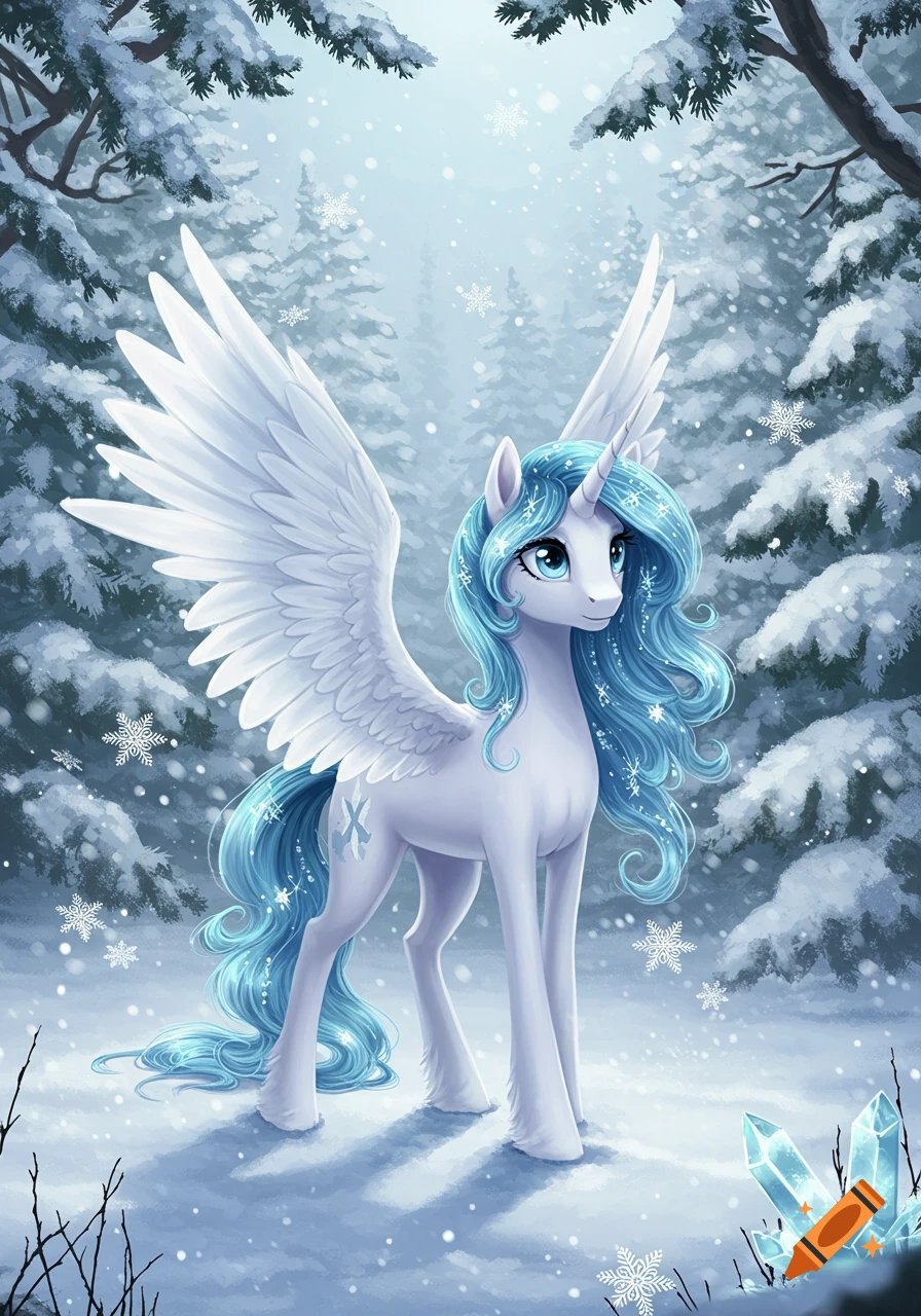 A white alicorn pony with long blue mane and tail stands in a snowy winter forest with ice crystals and falling snowflakes.