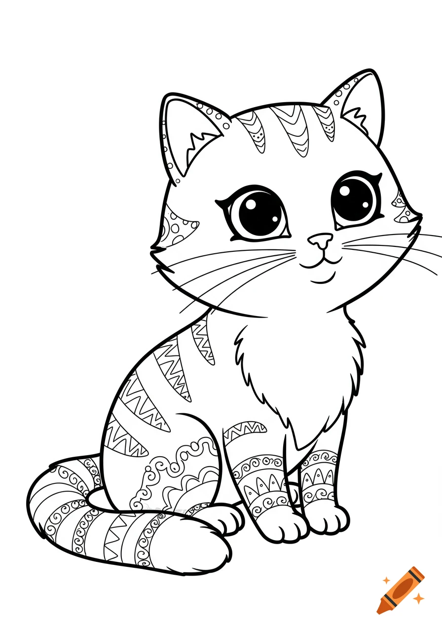 A black and white cartoon coloring page of a cute cat with large eyes and intricate patterns on its fur.
