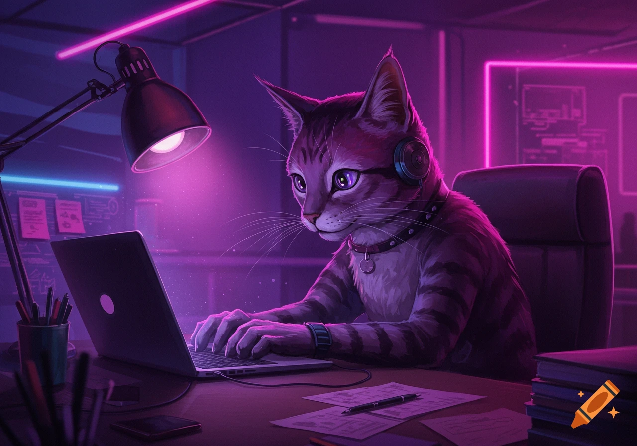 An anthropomorphic tabby cat wearing headphones and a collar, typing on a laptop at a desk in a futuristic room lit by neon magenta and blue lights.