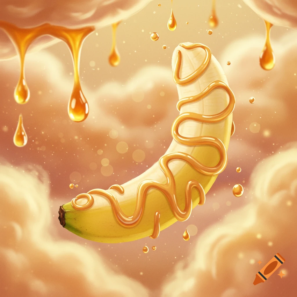 A surreal illustration of a banana covered in golden sauce, floating in a dreamy orange cloudscape with dripping liquid.