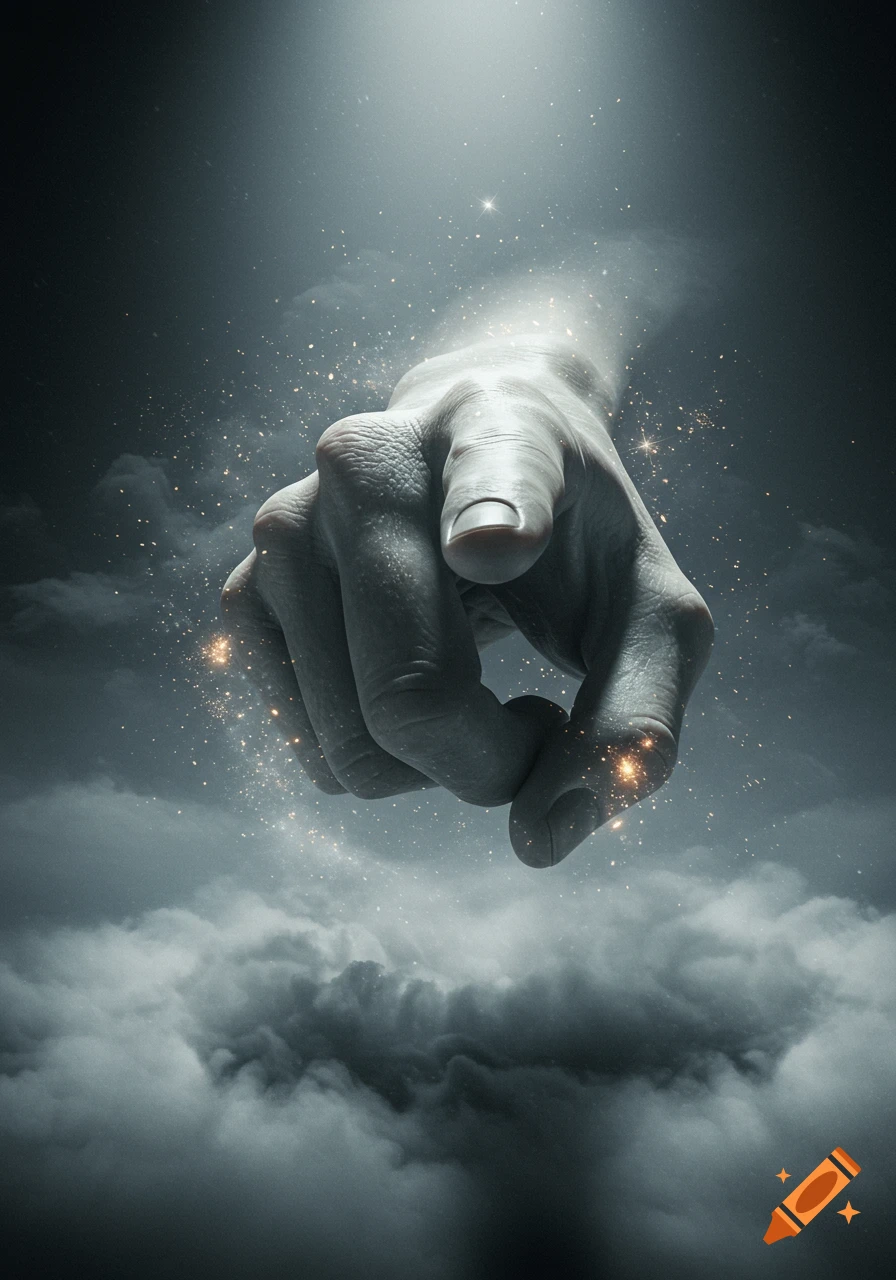 A large, pale hand emerges from dark clouds and light, index finger pointing forward.