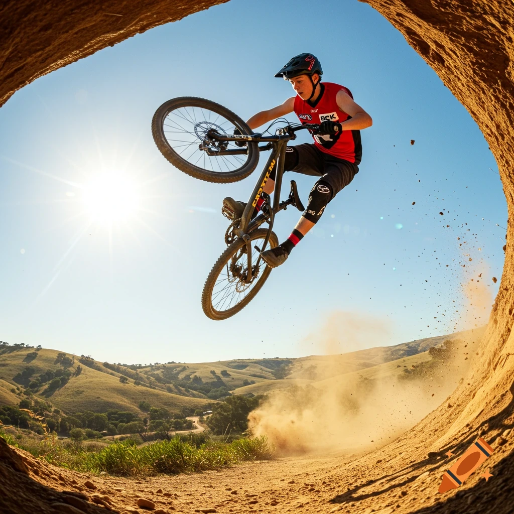 A teenage boy on a mountain bike mid-air during a jump, framed by a dirt tunnel, with hills in the background under a bright sun.