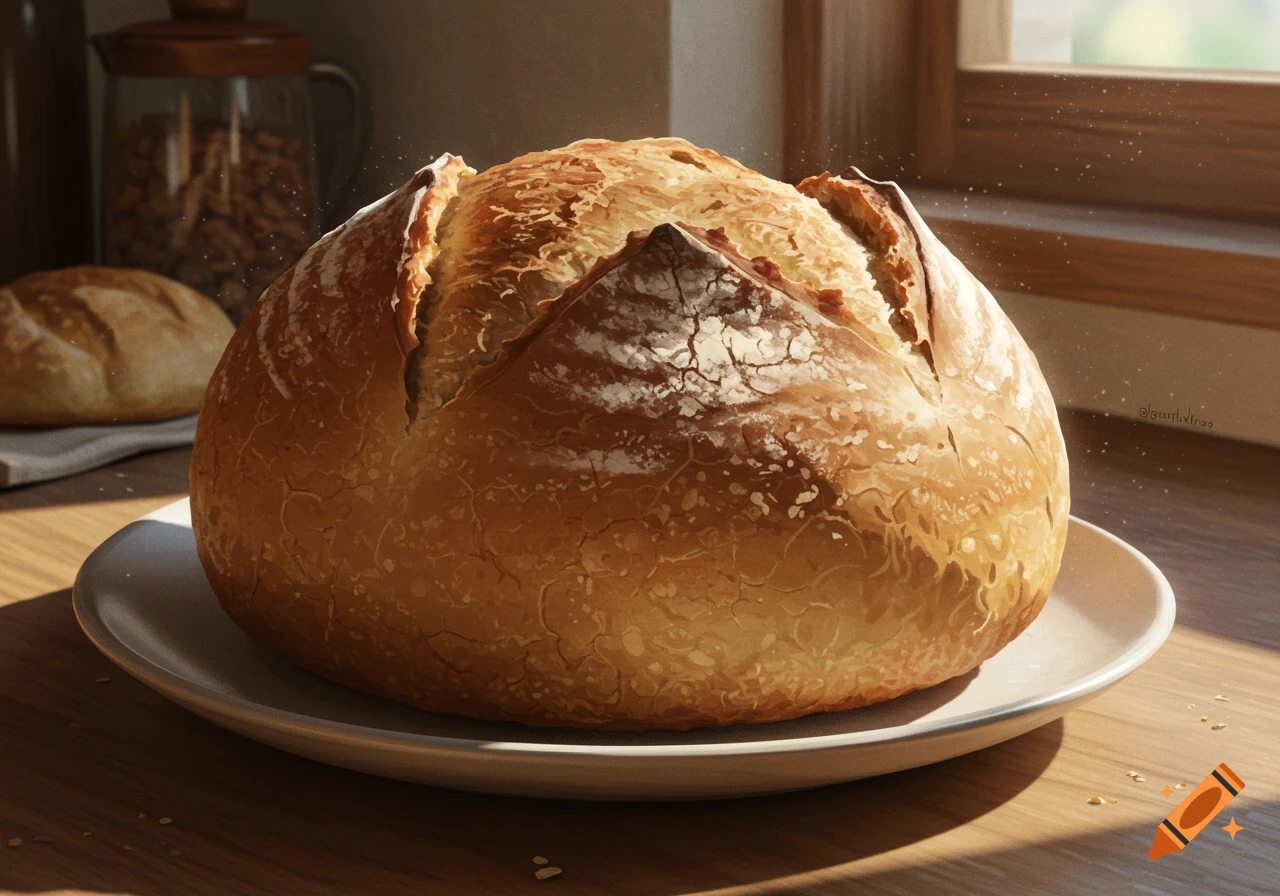A golden-brown loaf of bread sits on a white plate on a wooden table in a sunlit kitchen, with another loaf in the background.