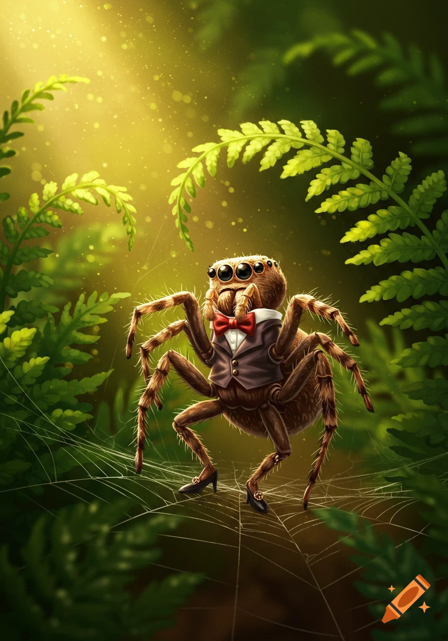 A whimsical, well-dressed brown jumping spider in a suit and high heels stands on a web in a sunlit green forest.