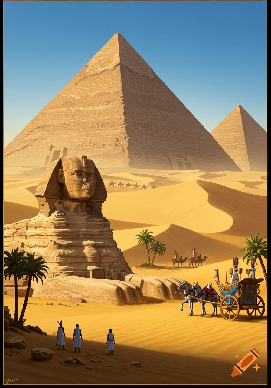 An illustrated view of the Great Pyramids and Sphinx in the Egyptian desert with people, camels, and a chariot.