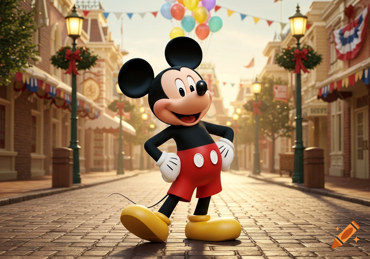 Mickey Mouse stands on a cobblestone street, smiling with hands on his hips. Colorful balloons float above a theme park background.