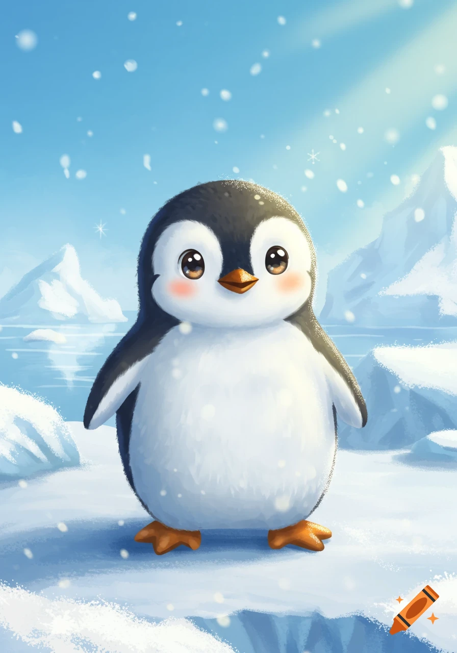 A cute cartoon penguin stands in a snowy arctic landscape with mountains, ice, and falling snow.