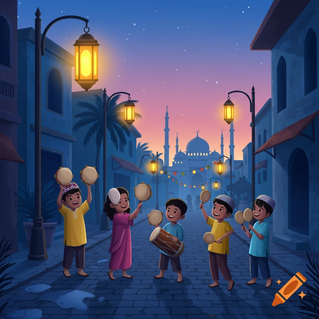 An illustration of children playing drums and tambourines on a street at dusk, with lanterns and a mosque in the background.