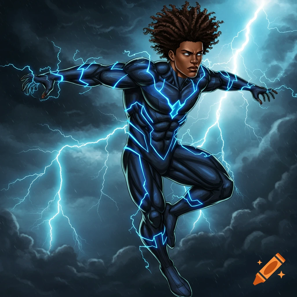 African American superhero with curly hair in a black and blue lightning suit, posing amidst a stormy sky with bright lightning bolts, in a comic art style.