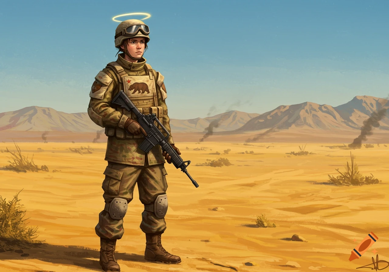 A soldier with a halo and a California bear patch stands in a desert, holding a rifle. Mountains and smoke are in the background. Stylized art.