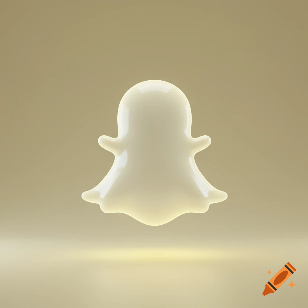 A white, glossy 3D Snapchat ghost logo floats over a reflective surface with a golden glow, against a golden background.