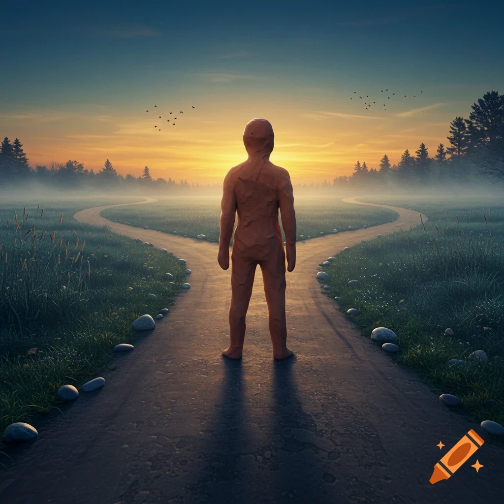 A clay figure stands at a fork in a dirt road, looking out at a misty landscape during sunset with birds in the sky.