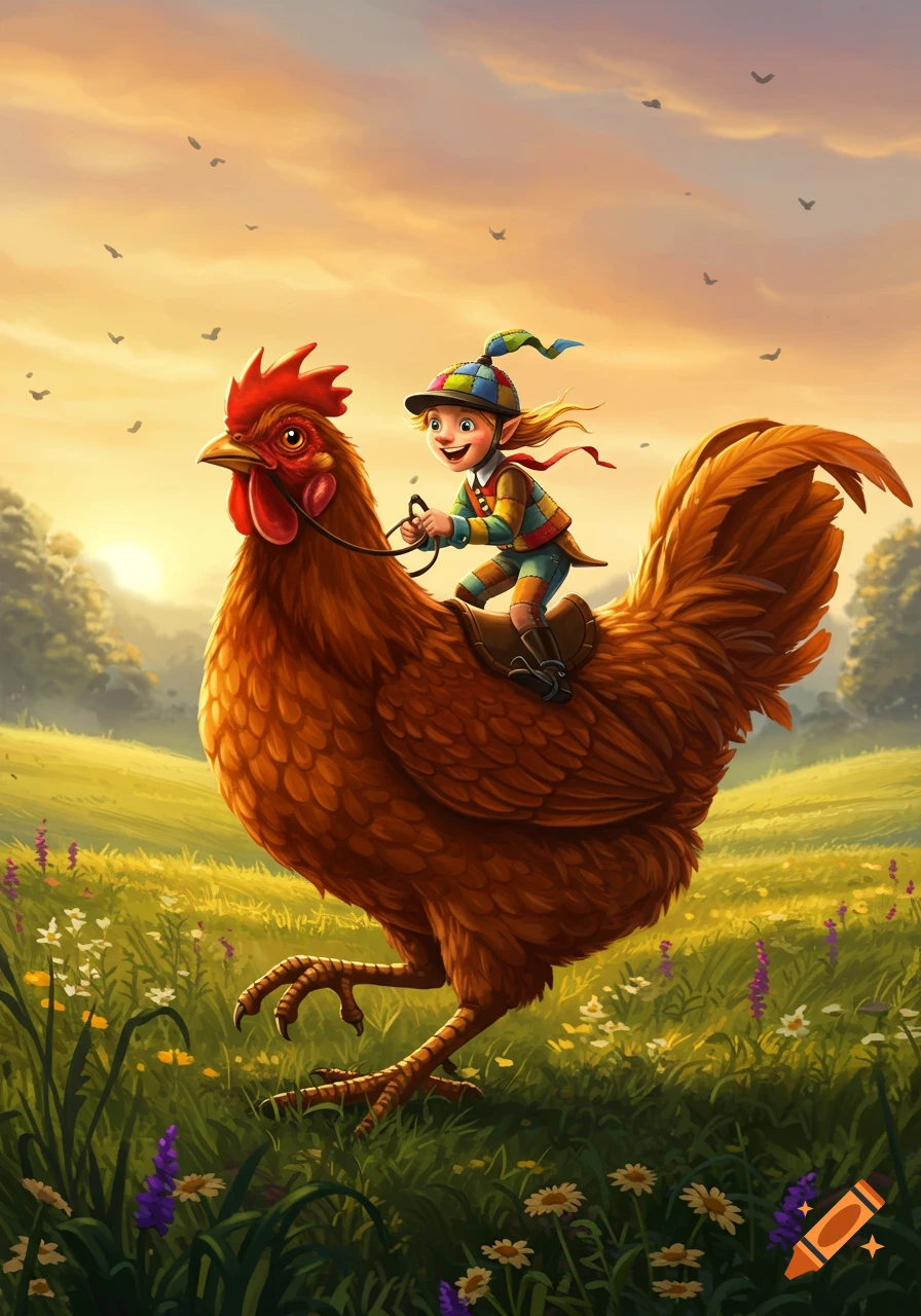 A smiling elf in colorful clothing rides a giant chicken across a vibrant green field at sunset.