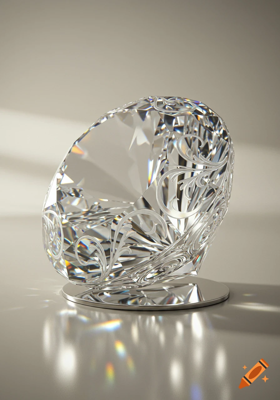 An ornate transparent glass gem with intricate etched patterns, sparkling on a polished surface.