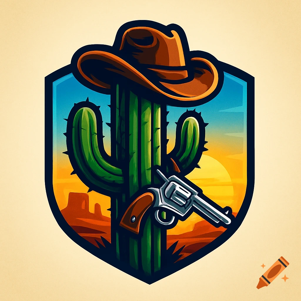 A cartoon-style sports logo featuring a cactus wearing a cowboy hat, with a revolver hanging on its side, against a desert sunset background.