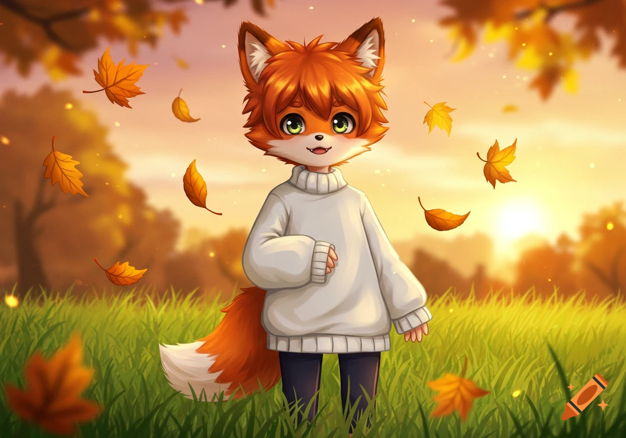 An anime-style fox boy with orange fur and green eyes wears a white turtleneck sweater, standing in a grassy field with falling autumn leaves and a sunset background.