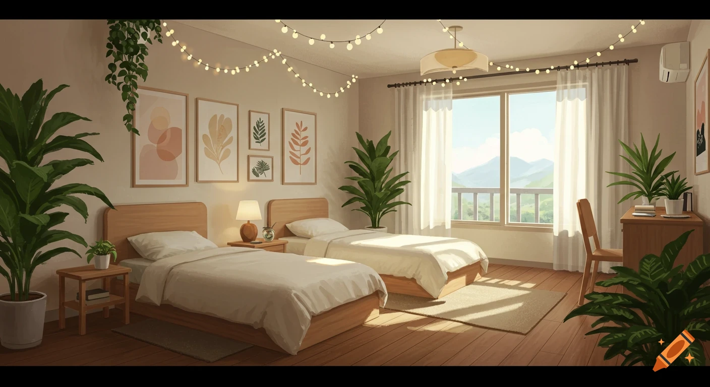 A bright, aesthetic bedroom with two single beds, numerous potted plants, abstract wall art, and fairy lights. A large window offers a view of mountains.